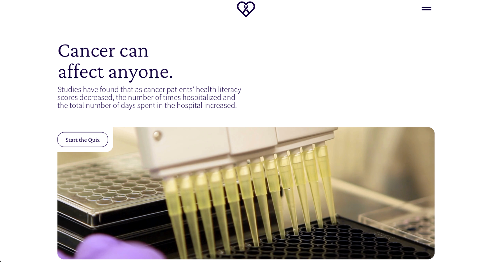 Cancerliteracy homepage in English with deep purple text on a white background.