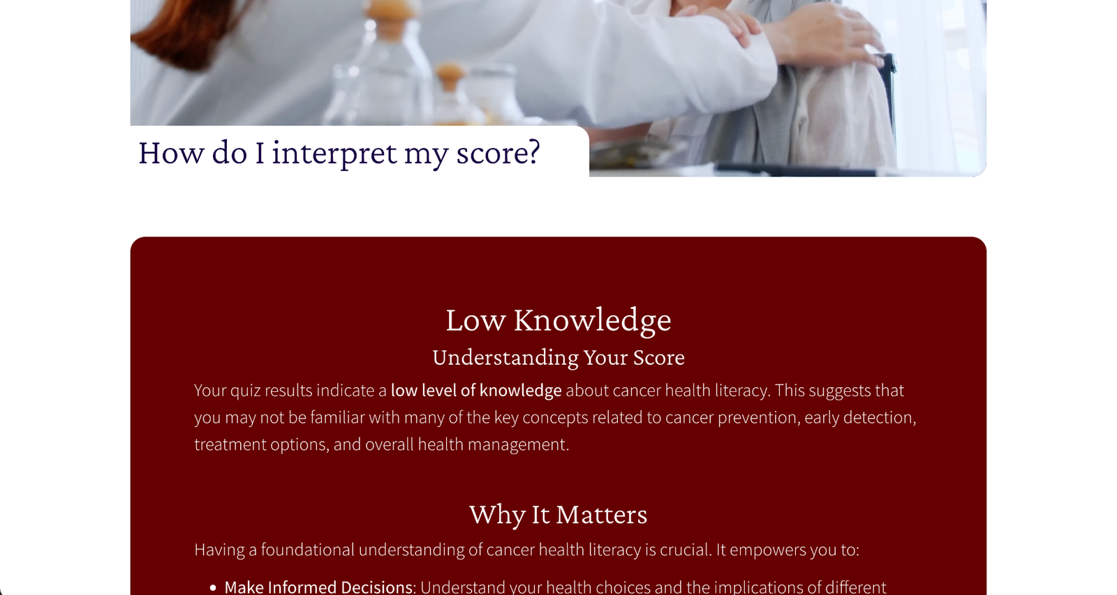 Results page in English with a cancer-literacy category and information about the result.