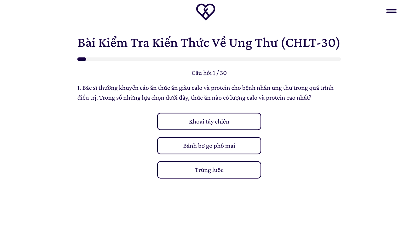 Quiz in Vietnamese with one question, three answer choices, and a progress bar.