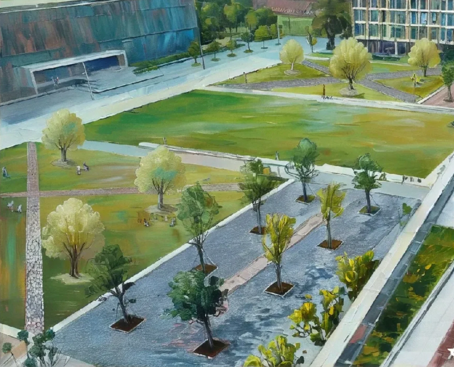 Proposed academic quad with diagonal paths, shade trees, and an open central lawn.