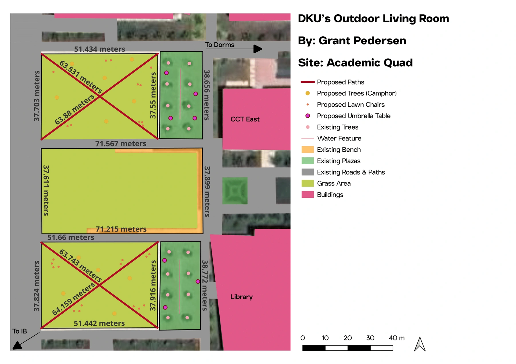 Plan showing proposed diagonal paths, trees, chairs, and umbrella tables around the retained central lawn.