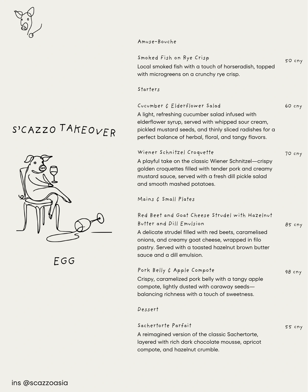 S’Cazzo food menu with course headings, dish descriptions, and prices.