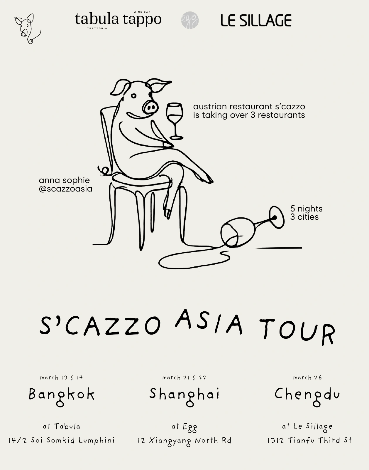 S’Cazzo tour poster listing five nights in Bangkok, Shanghai, and Chengdu.